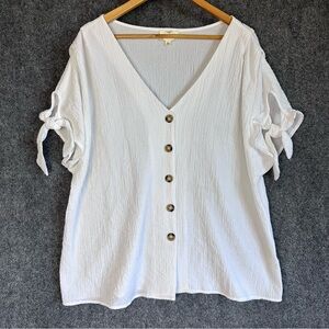 Perch button front blouse 3X vneck tie short sleeves white crinkle lagenlook